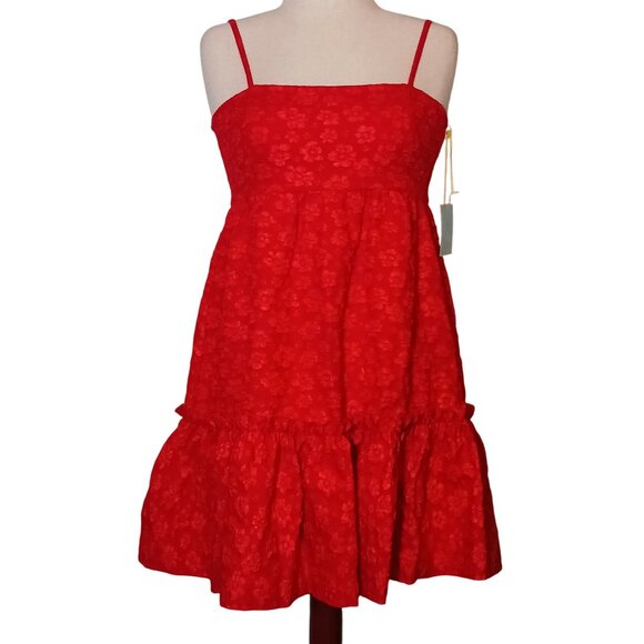 NEW CeCe Womens Floral Print Babydoll Mini Dress Mars‎ Red Size M Tiered Ruffled - Picture 1 of 12